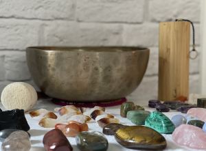 Tibetan singing bowl and healing crystals